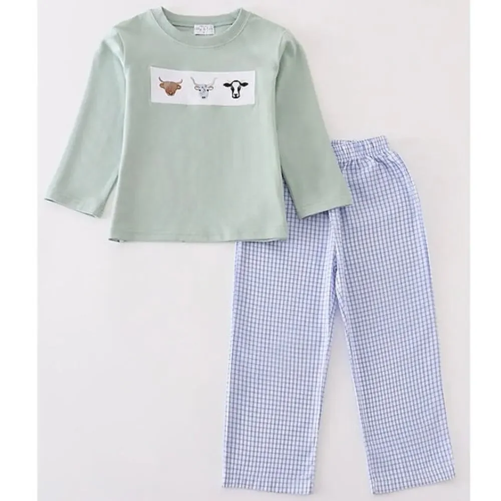 NEW Abby & Evie Green Cow Embroidery Outfit‎ Set Long Sleeve Top & Gingham Pants